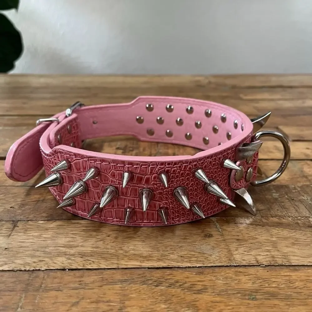 Pink Spiked Dog Collar Faux Croc Leather Medium Large 2